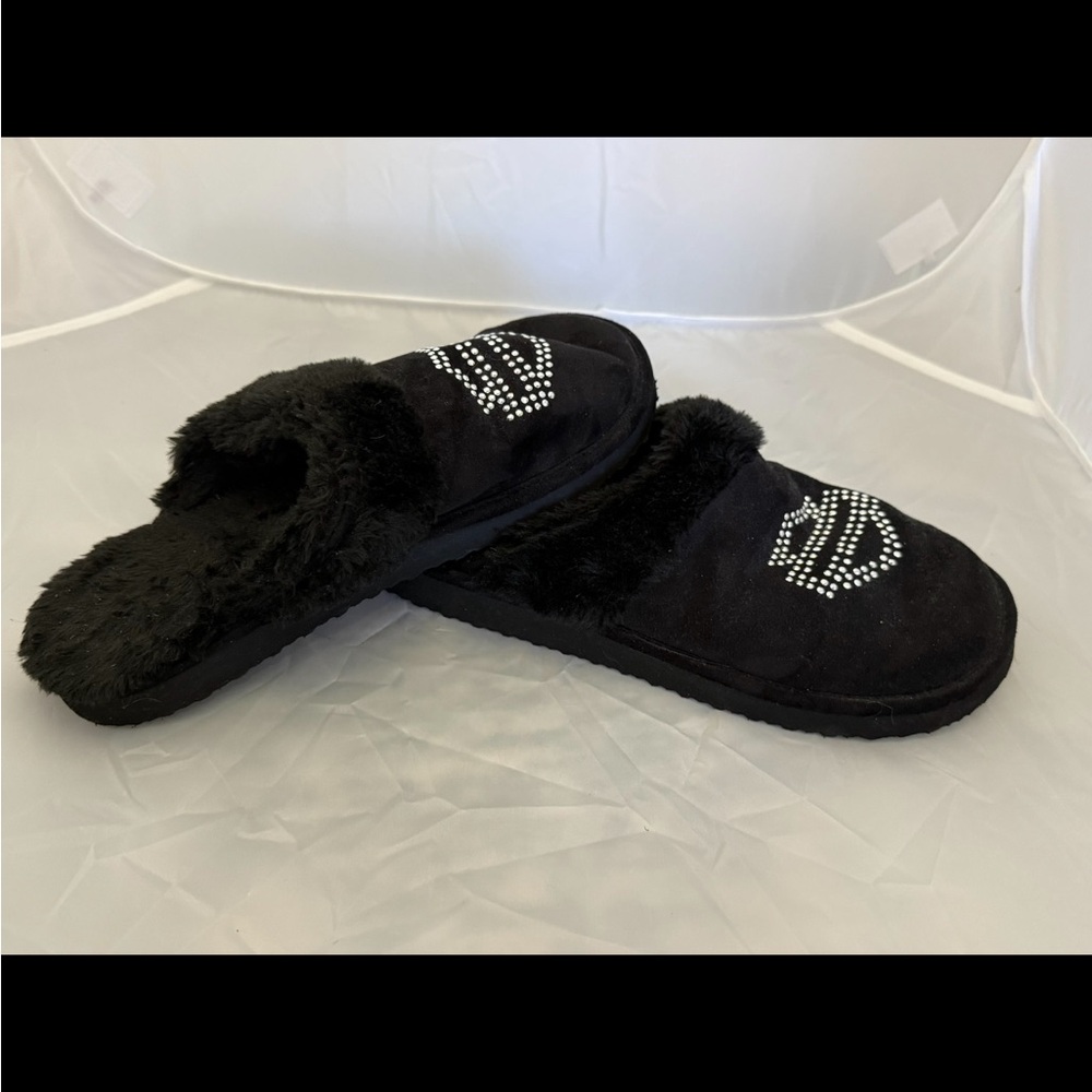 Harley-Davidson Black Faux Fur Slippers with Rhinestones